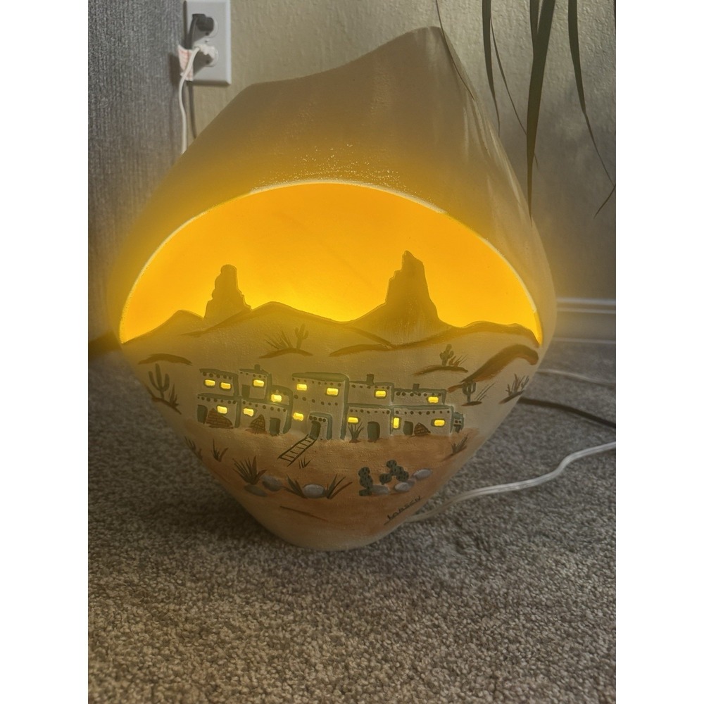 Handcrafted Southwestern Ceramic Table Lamp Pueblo Village Vibrant Sunset Signed